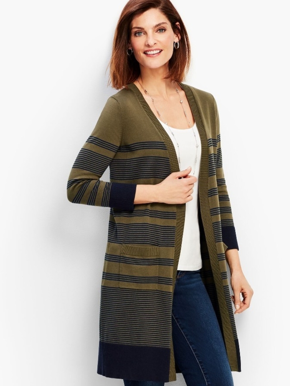 Talbots Olive and Navy Striped Open-Front Cardigan. Size Medium